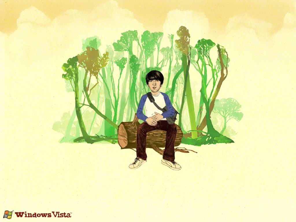 Michael Gillette illustration of Demetri sitting on a log in a forest